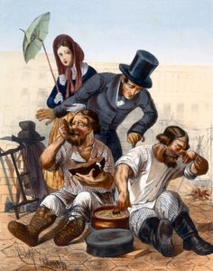 Rijk stel spreekt met een paar dronken timmerlieden die op straat koken en eten, 1843 door Rudolf Jukowsky